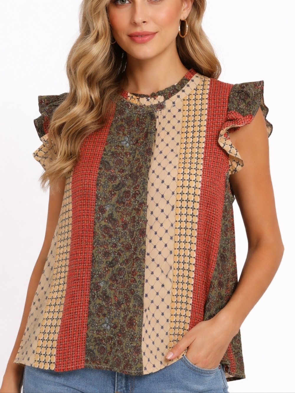THML Multicolor Patchwork Blouse with Ruffle Sleeves